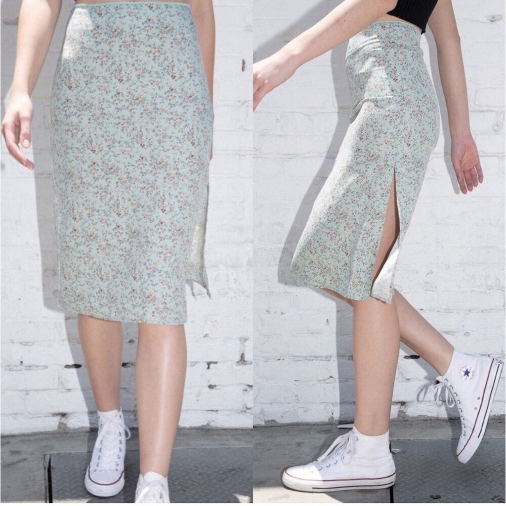 Brandy Melville‎ Phoebe Midi Skirt Ditsy Floral Thigh Slit Teal Mint